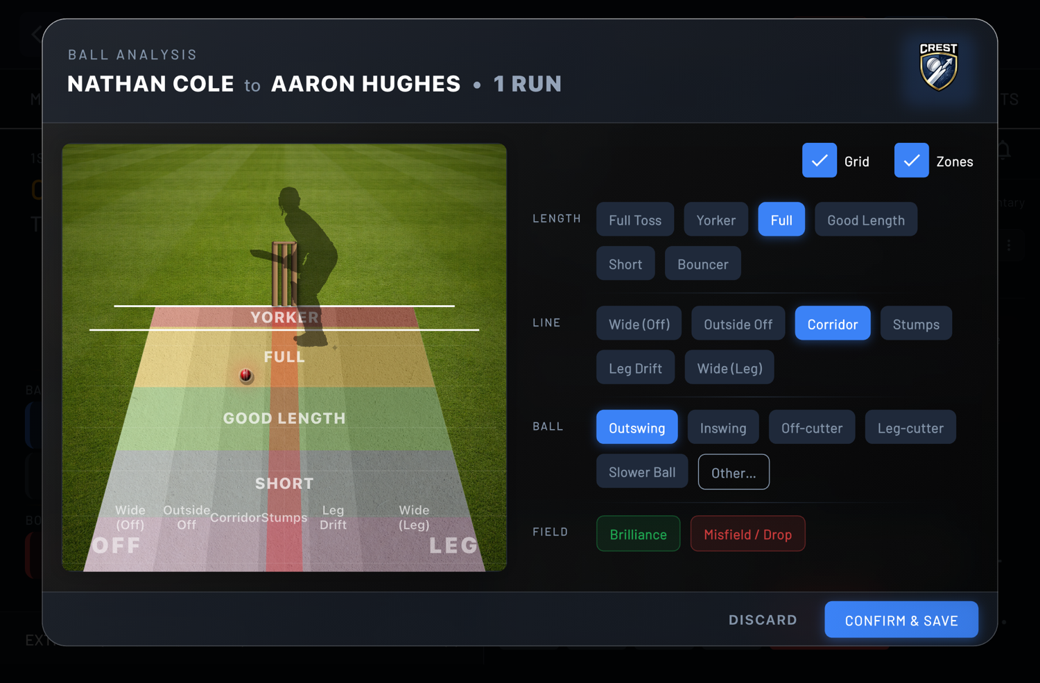 ScoreSense ball analysis — length, line and ball-type pre-selected per delivery