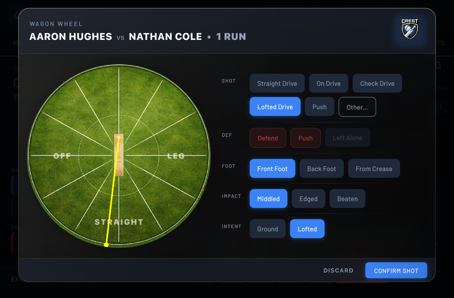 ScoreSense shot entry — tap the direction and shot, foot and impact are pre-selected