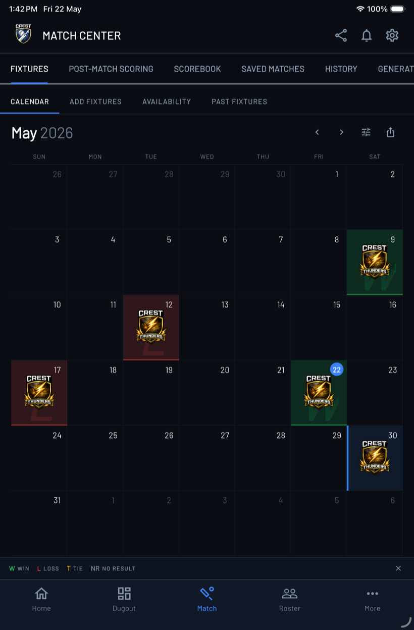 Match Center fixtures calendar