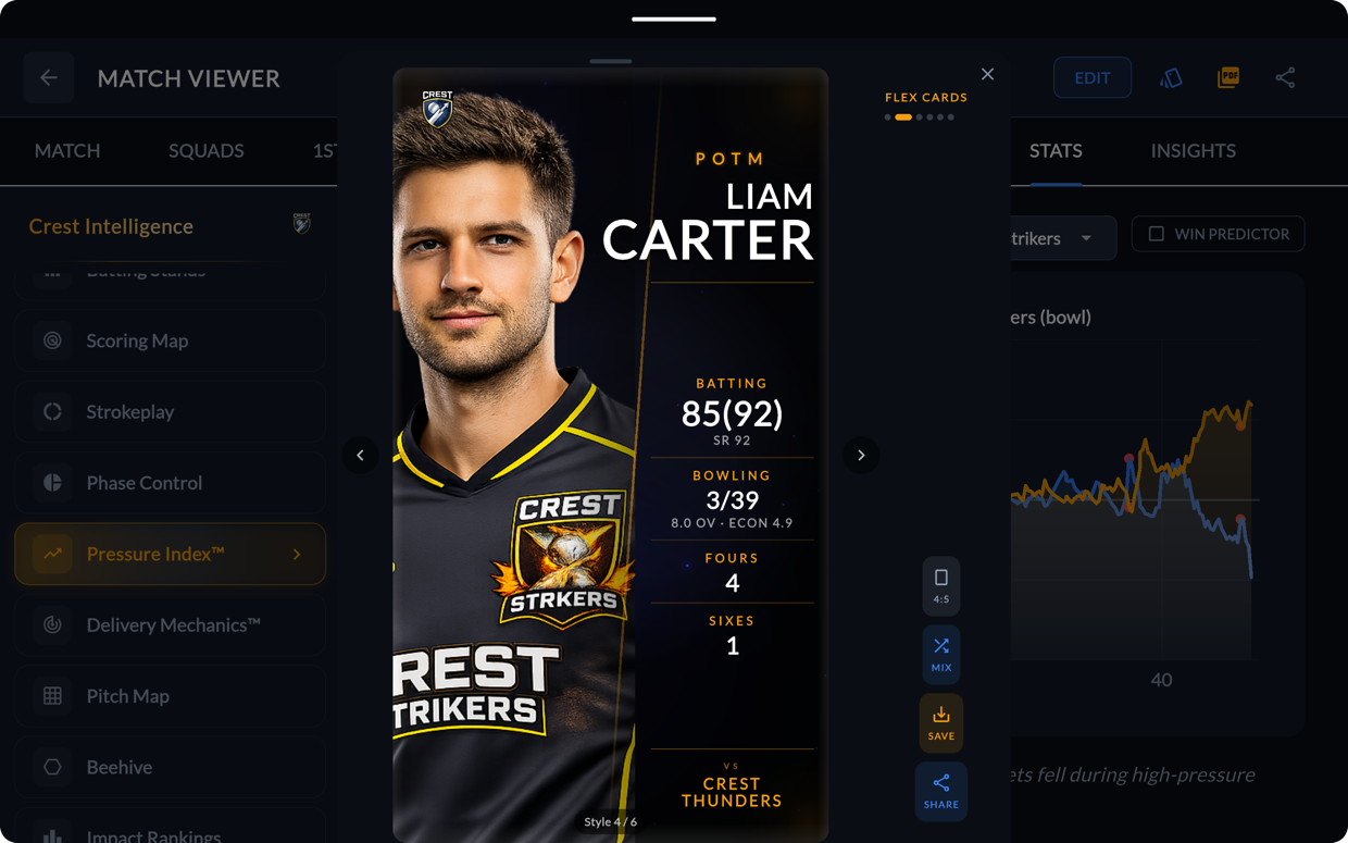 Player-of-the-Match Flex Card — broadcast-grade match payoff