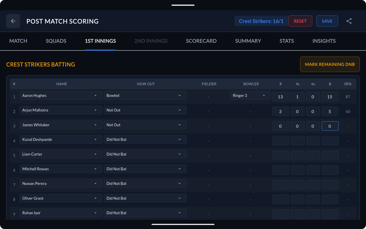 Post-match scoring — fill each batter's result in after the game