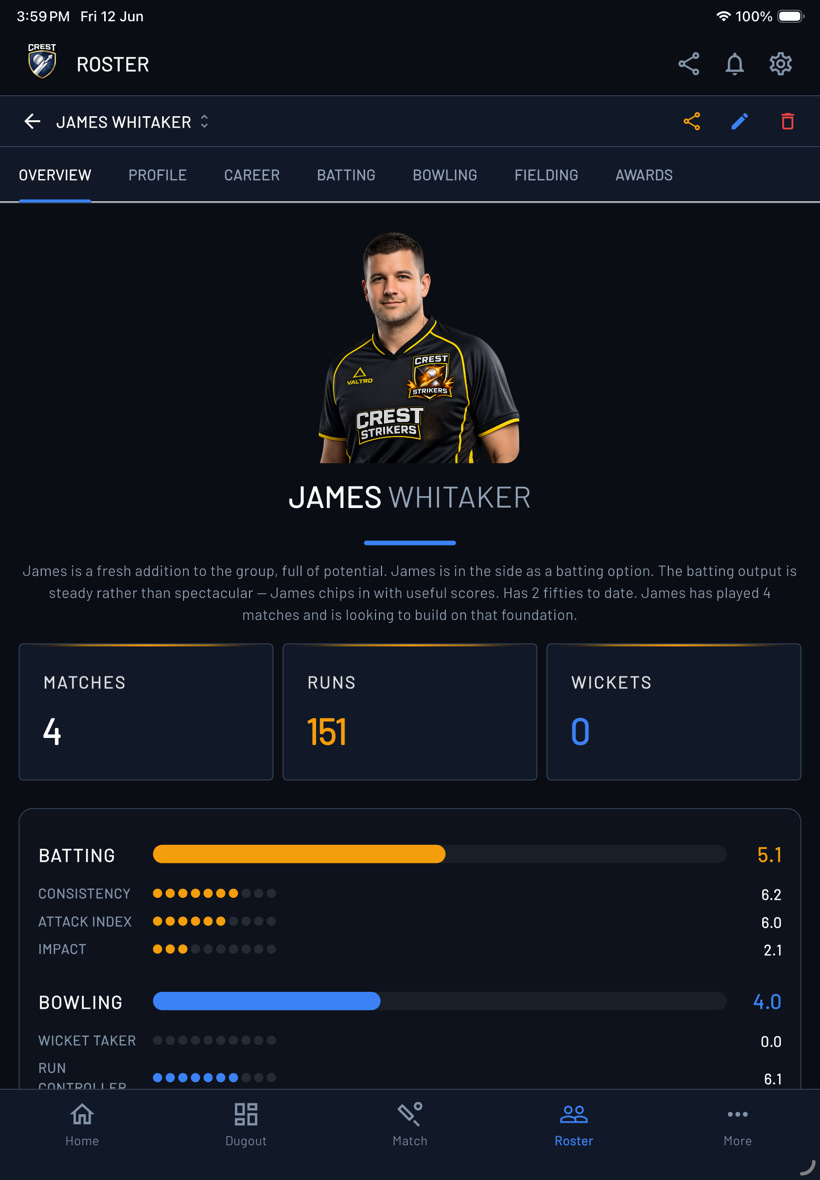 Roster player profile with ratings