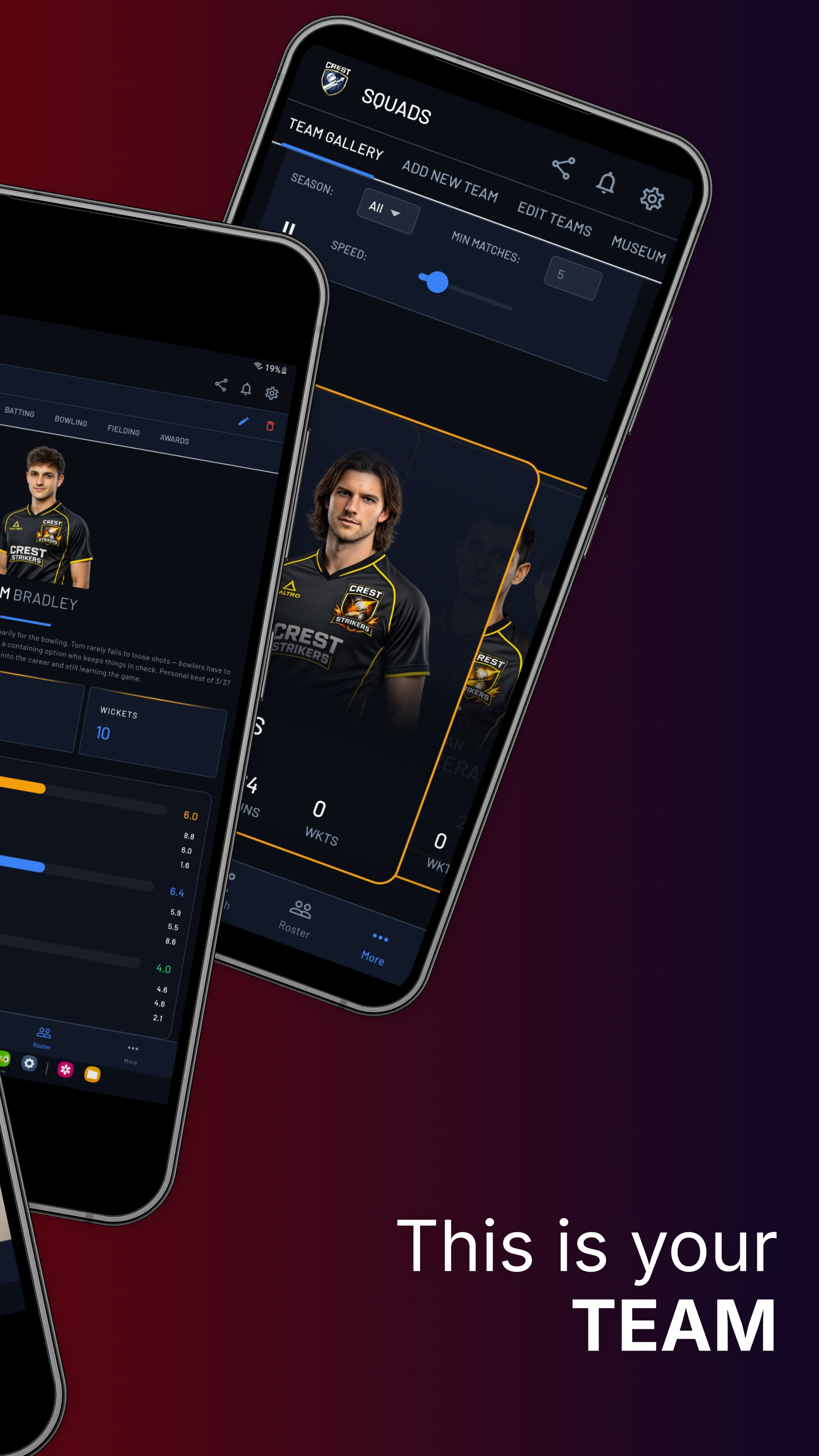 Squad management — team gallery and player cards