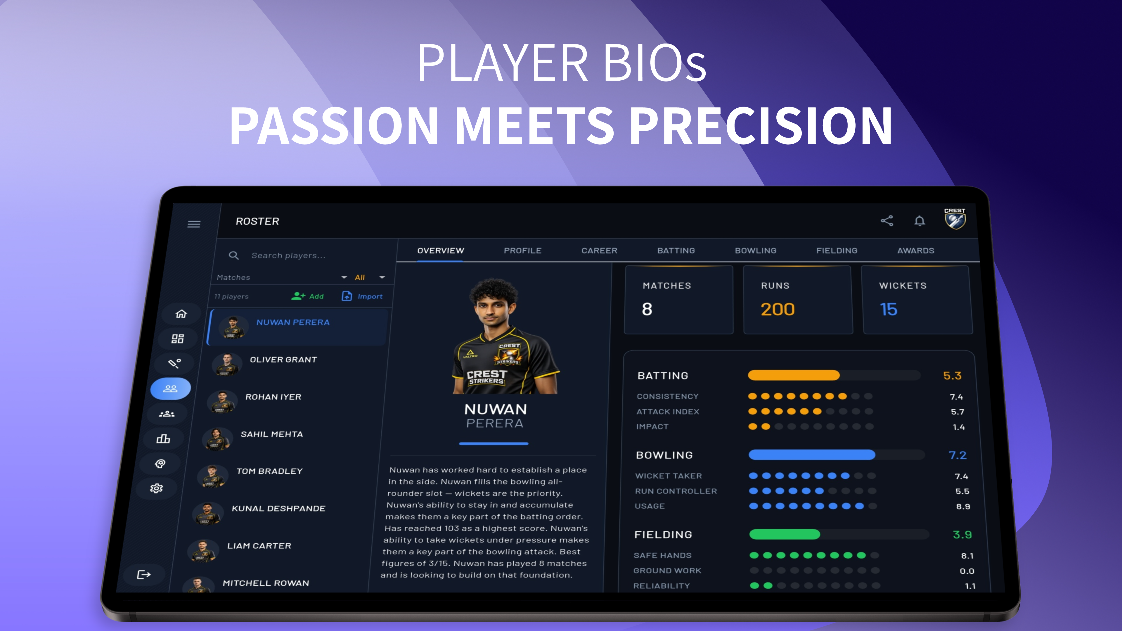 Player Bios — roster with batting, bowling, and fielding ratings